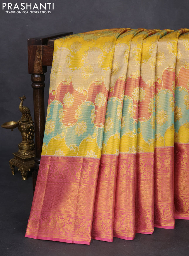 Pure kanchipuram silk saree gold and pink with allover zari woven rangkat weaves and zari woven border