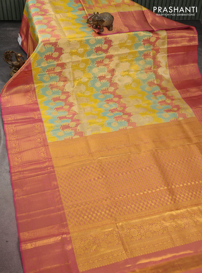 Pure kanchipuram silk saree gold and pink with allover zari woven rangkat weaves and zari woven border