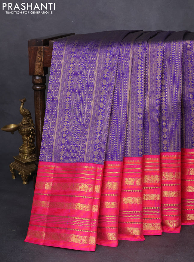 Pure kanchipuram silk saree blue and pink with allover zari woven brocade weaves and zari woven korvai border