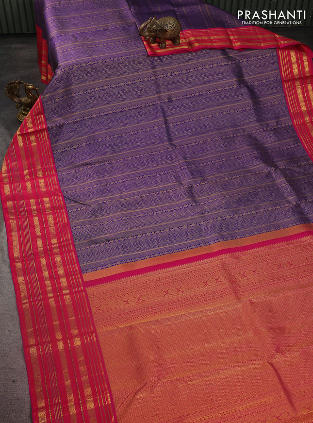 Pure kanchipuram silk saree blue and pink with allover zari woven brocade weaves and zari woven korvai border