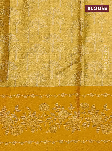 Pure kanchipuram Tissue silk saree pista green and mustard yellow with allover zari weaves and floral design zari border
