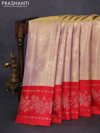 Pure kanchipuram Tissue silk saree gold and red with allover zari weaves and floral design zari border