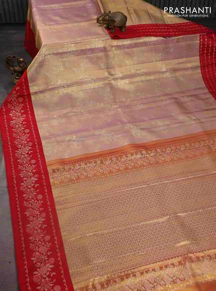 Pure kanchipuram Tissue silk saree gold and red with allover zari weaves and floral design zari border