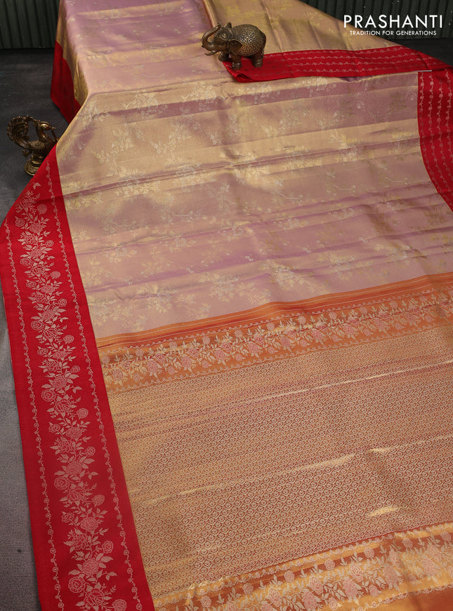 Pure kanchipuram Tissue silk saree gold and red with allover zari weaves and floral design zari border