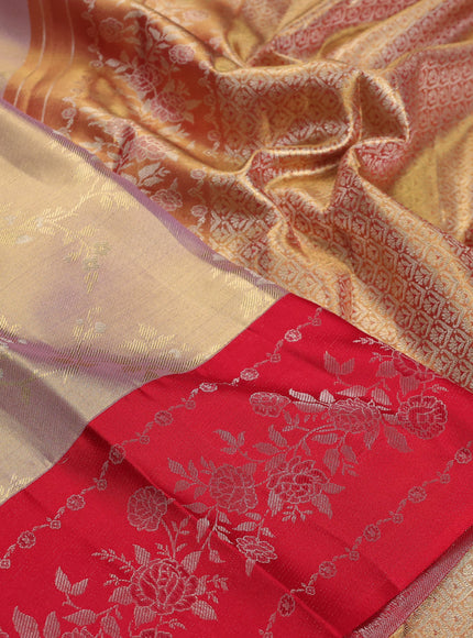 Pure kanchipuram Tissue silk saree gold and red with allover zari weaves and floral design zari border