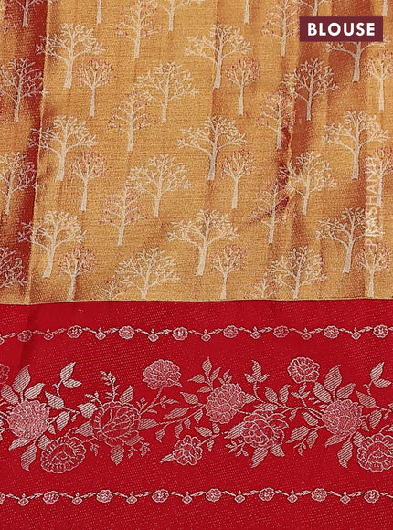 Pure kanchipuram Tissue silk saree gold and red with allover zari weaves and floral design zari border