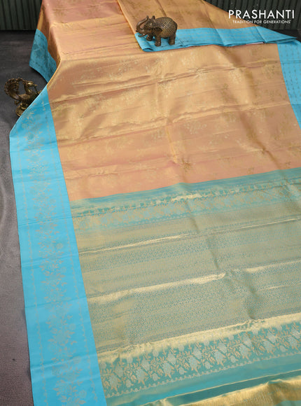 Pure kanchipuram Tissue silk saree gold and light blue with allover zari weaves and floral design zari border