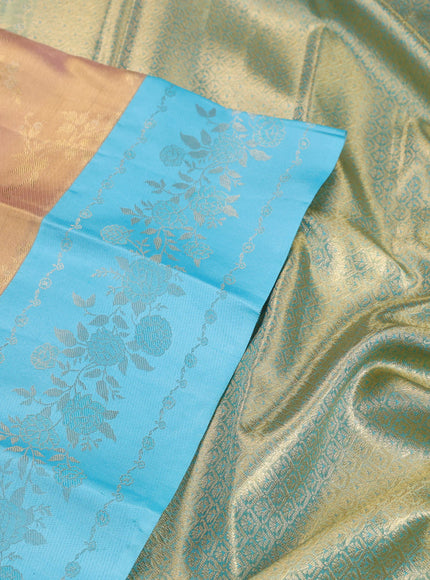 Pure kanchipuram Tissue silk saree gold and light blue with allover zari weaves and floral design zari border