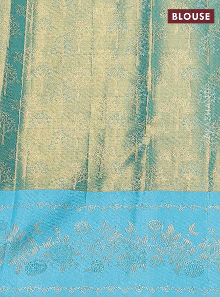 Pure kanchipuram Tissue silk saree gold and light blue with allover zari weaves and floral design zari border