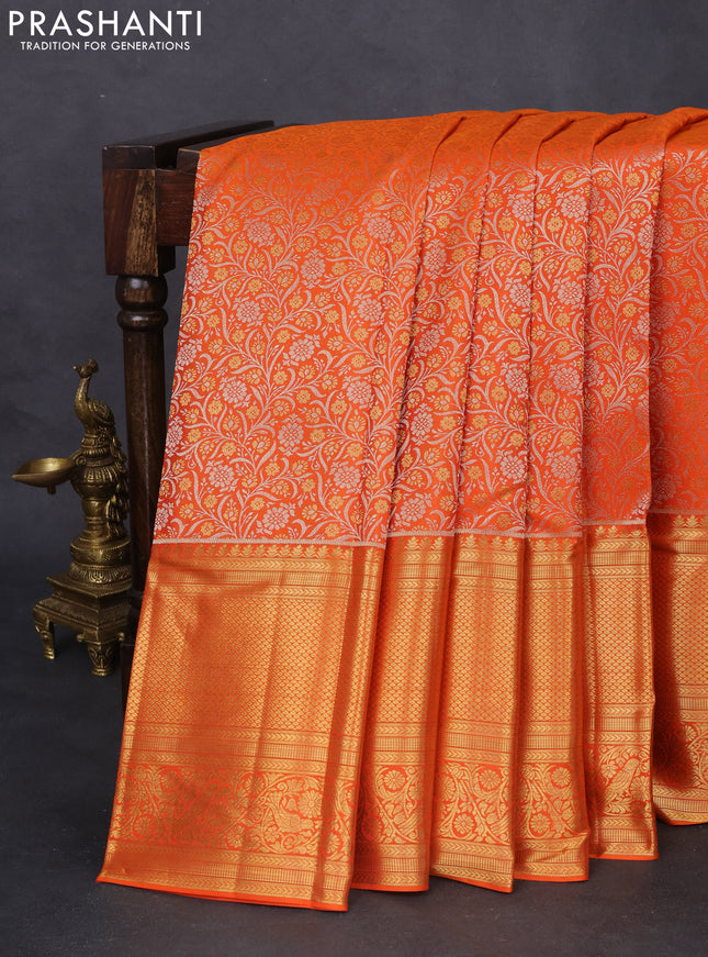 Pure kanchipuram silk saree orange with allover zari woven brocade weaves and long zari woven border