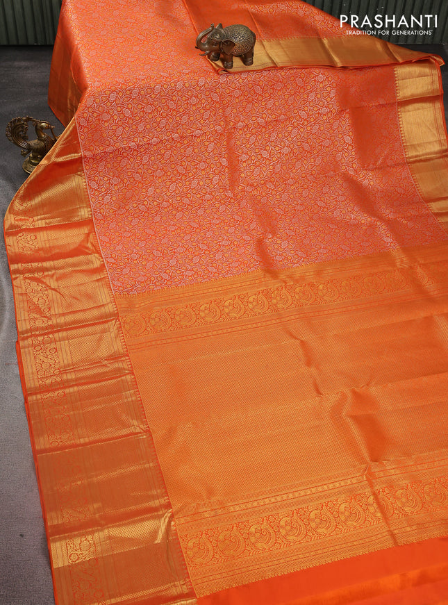 Pure kanchipuram silk saree orange with allover zari woven brocade weaves and long zari woven border
