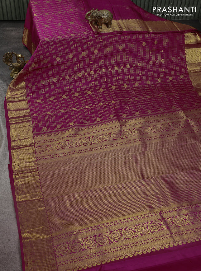 Pure kanchipuram silk saree dark magenta pink with allover zari checks & buttas and zari woven border