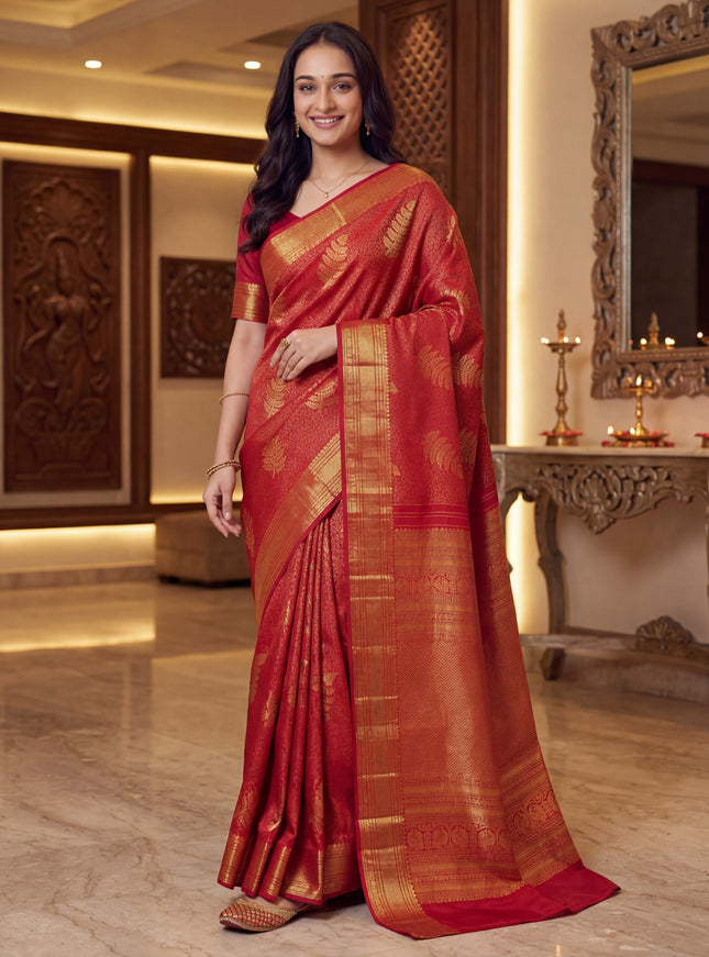 Pure kanchipuram silk saree maroon with allover zari woven brocade weaves and zari woven border