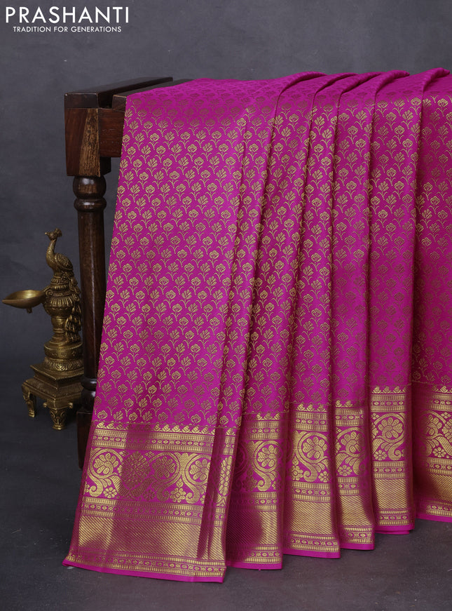 Pure kanchipuram silk saree magenta pink with allover zari woven brocade weaves and zari woven border
