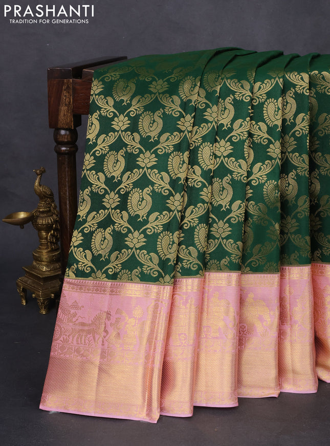 Pure kanchipuram silk saree green and light pink with allover zari woven brocade weaves and zari woven border