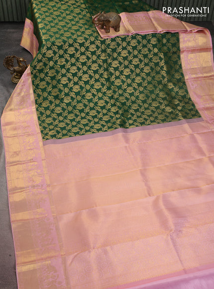 Pure kanchipuram silk saree green and light pink with allover zari woven brocade weaves and zari woven border