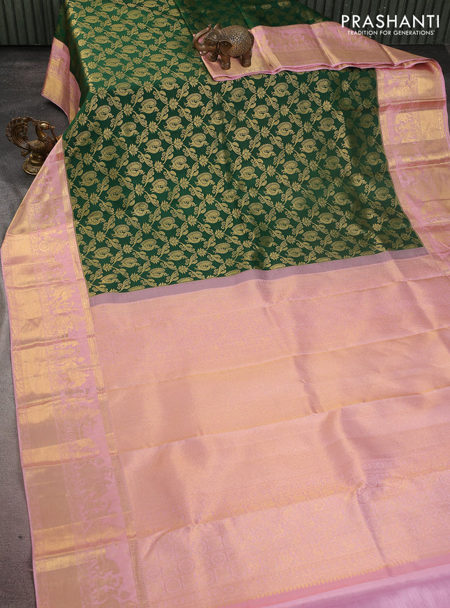 Pure kanchipuram silk saree green and light pink with allover zari woven brocade weaves and zari woven border