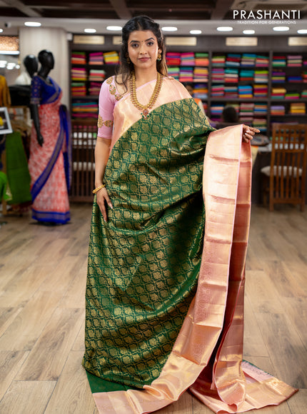Pure kanchipuram silk saree green and light pink with allover zari woven brocade weaves and zari woven border