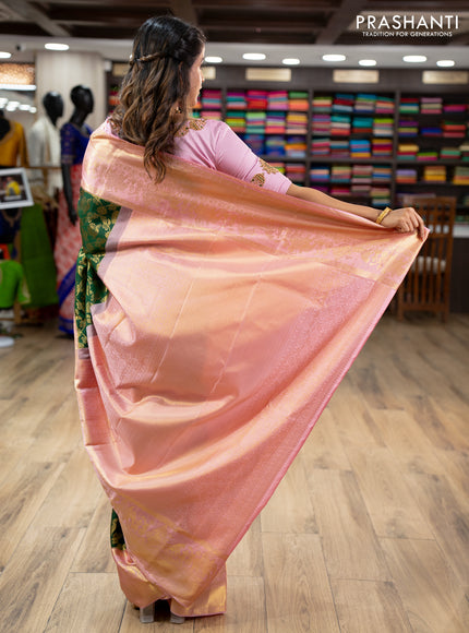 Pure kanchipuram silk saree green and light pink with allover zari woven brocade weaves and zari woven border
