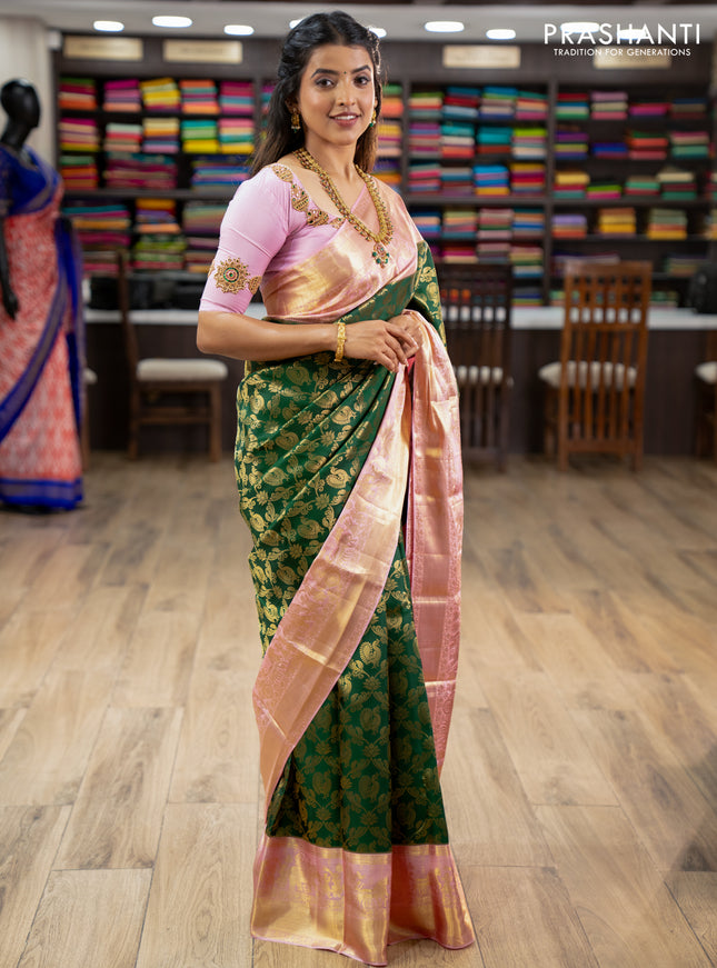 Pure kanchipuram silk saree green and light pink with allover zari woven brocade weaves and zari woven border