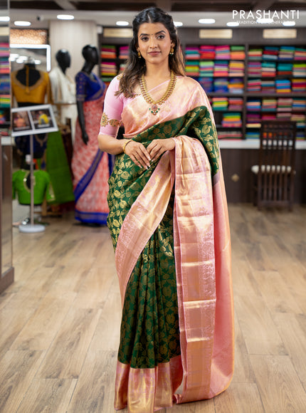 Pure kanchipuram silk saree green and light pink with allover zari woven brocade weaves and zari woven border