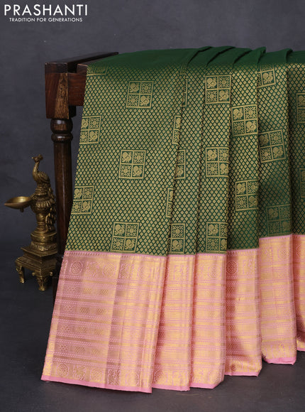 Pure kanchipuram silk saree green and peach pink with allover zari woven brocade weaves and zari woven border