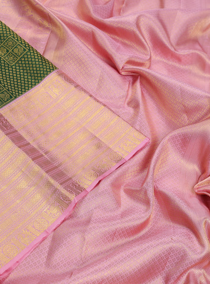 Pure kanchipuram silk saree green and peach pink with allover zari woven brocade weaves and zari woven border