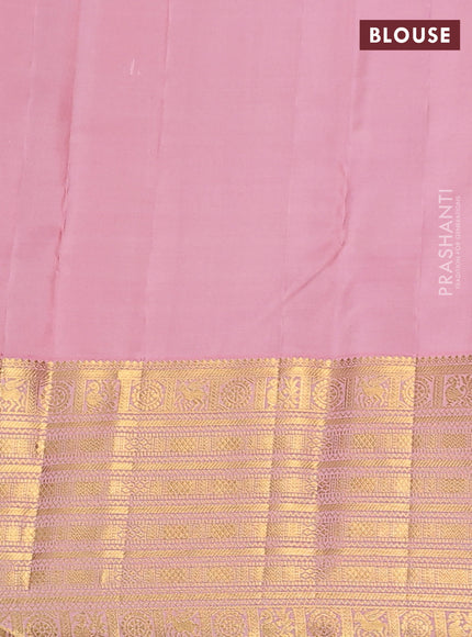 Pure kanchipuram silk saree green and peach pink with allover zari woven brocade weaves and zari woven border