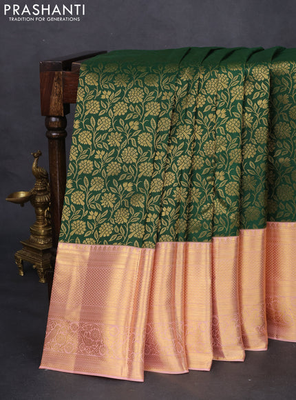 Pure kanchipuram silk saree green and peach shade with allover zari woven brocade weaves and zari woven border