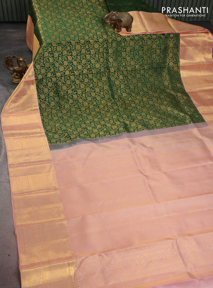 Pure kanchipuram silk saree green and peach shade with allover zari woven brocade weaves and zari woven border