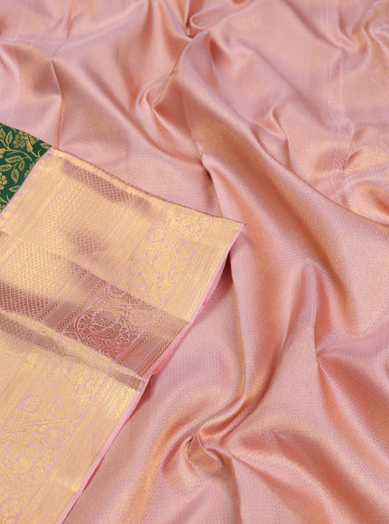 Pure kanchipuram silk saree green and peach shade with allover zari woven brocade weaves and zari woven border