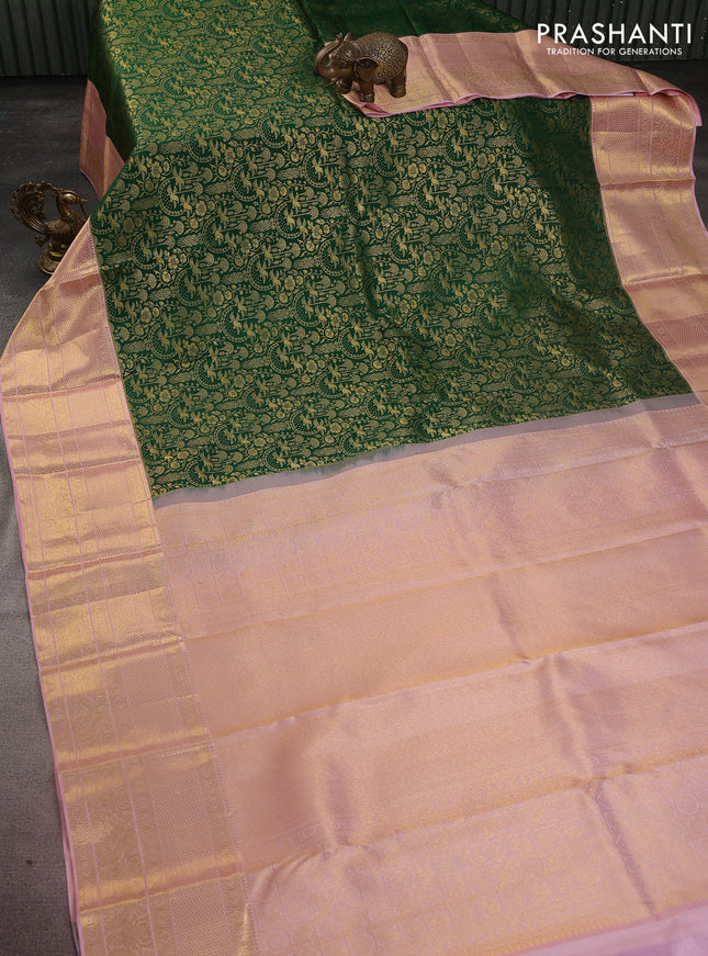 Pure kanchipuram silk saree green and peach pink with allover zari woven brocade weaves and zari woven border