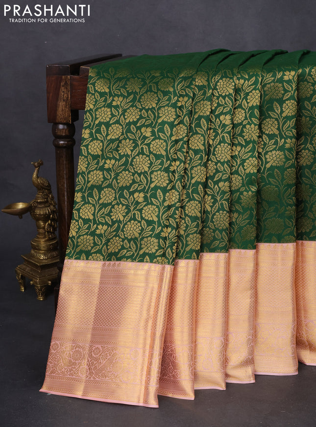 Pure kanchipuram silk saree green and peach shade with allover zari woven brocade weaves and zari woven border