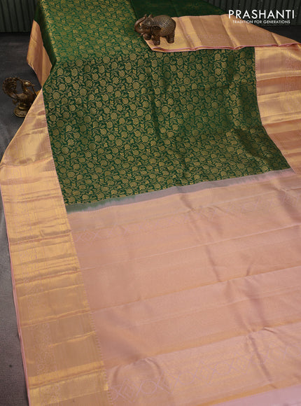 Pure kanchipuram silk saree green and peach shade with allover zari woven brocade weaves and zari woven border