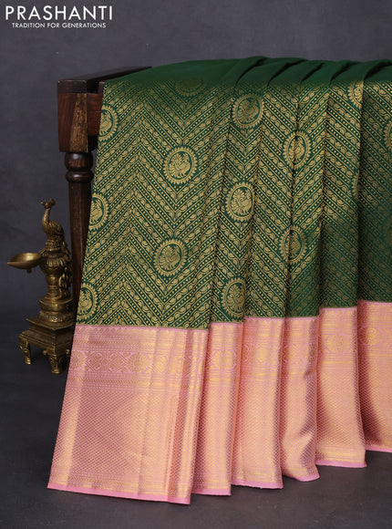 Pure kanchipuram silk saree green and peach shade with allover zari woven brocade weaves and long zari woven border