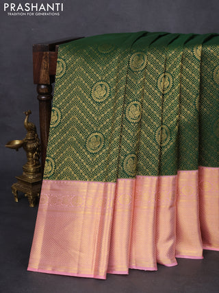 Pure kanchipuram silk saree green and peach shade with allover zari woven brocade weaves and long zari woven border