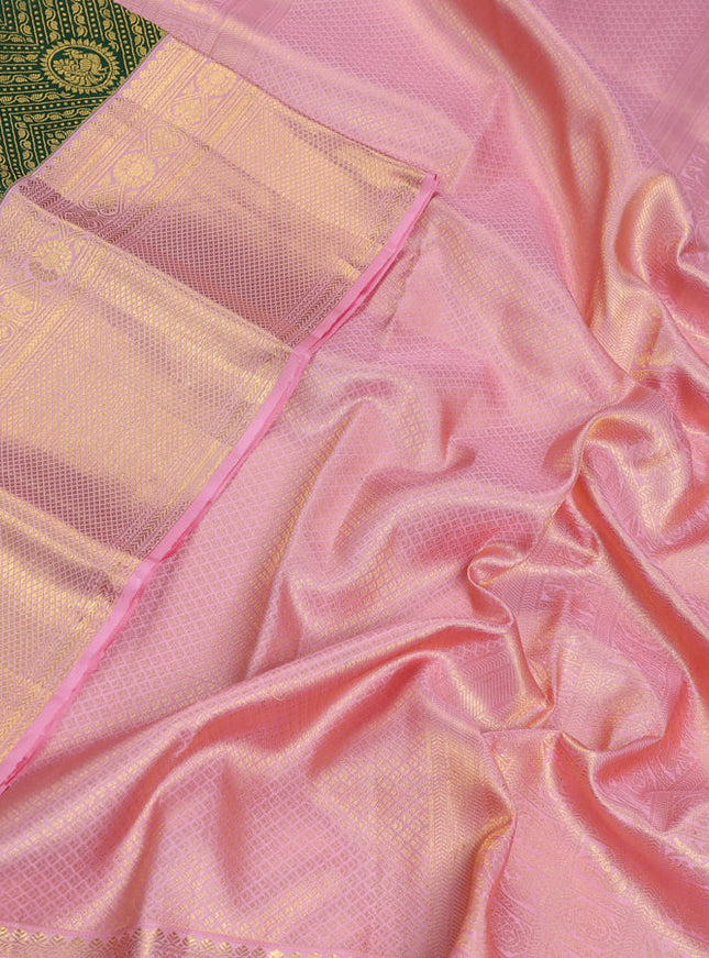 Pure kanchipuram silk saree green and peach shade with allover zari woven brocade weaves and long zari woven border
