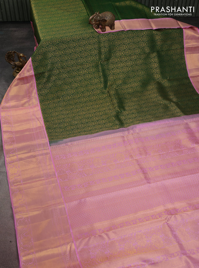 Pure kanchipuram silk saree green and light pink with allover zari woven brocade weaves and long zari woven border