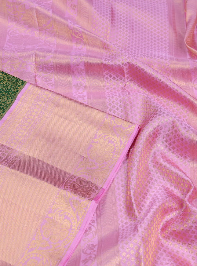 Pure kanchipuram silk saree green and light pink with allover zari woven brocade weaves and long zari woven border