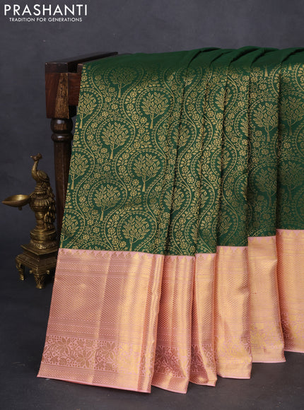 Pure kanchipuram silk saree green and peach shade with allover zari woven brocade weaves and zari woven border