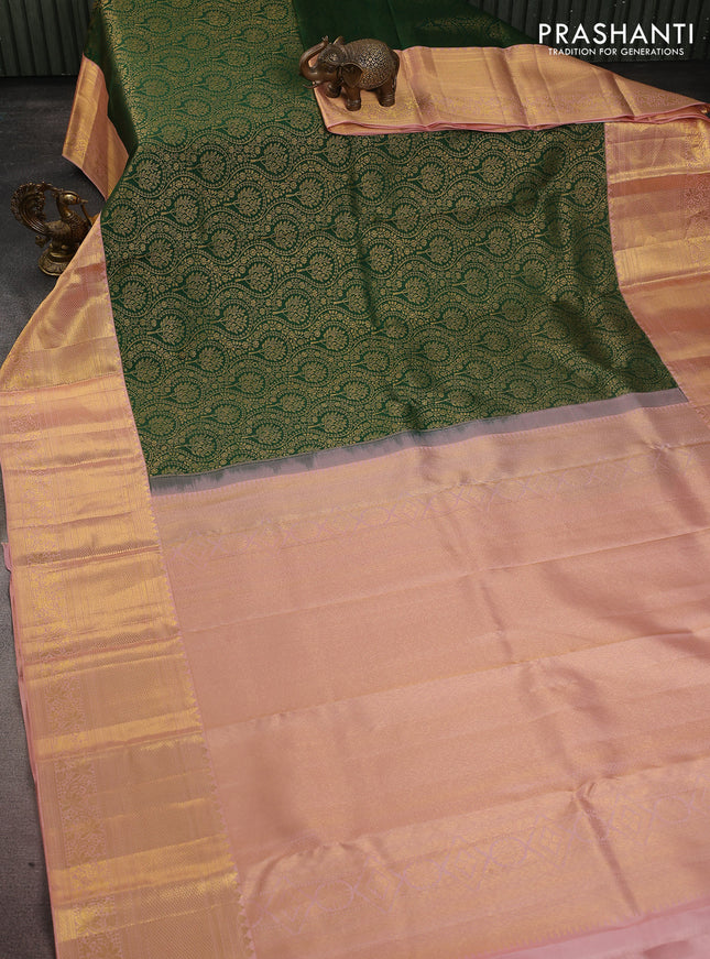 Pure kanchipuram silk saree green and peach shade with allover zari woven brocade weaves and zari woven border