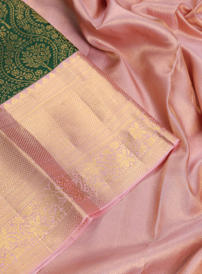 Pure kanchipuram silk saree green and peach shade with allover zari woven brocade weaves and zari woven border
