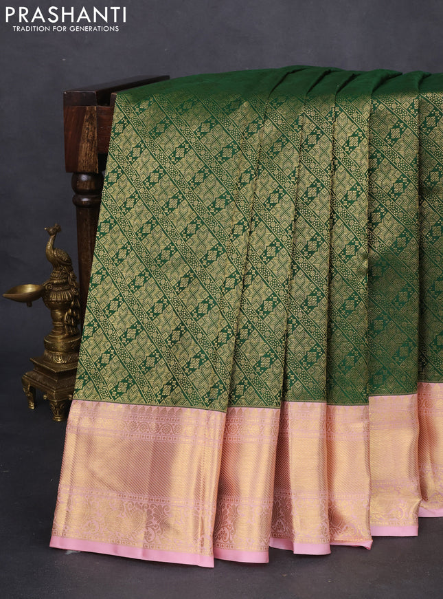 Pure kanchipuram silk saree green and light pink with allover zari woven brocade weaves and zari woven border