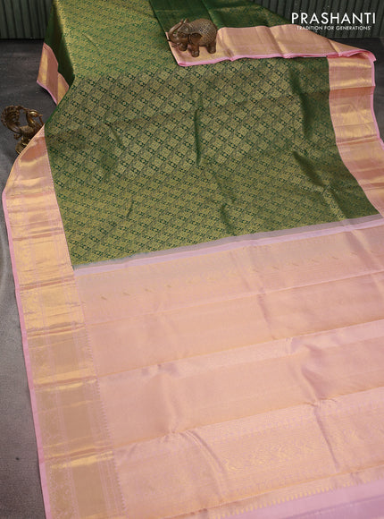 Pure kanchipuram silk saree green and light pink with allover zari woven brocade weaves and zari woven border