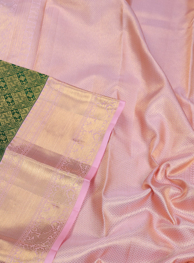 Pure kanchipuram silk saree green and light pink with allover zari woven brocade weaves and zari woven border