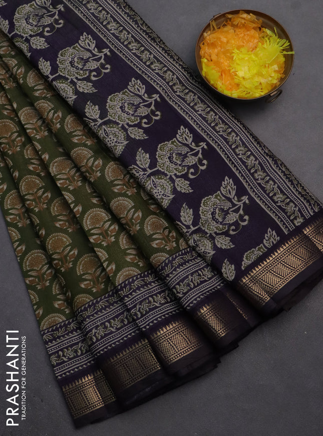 Semi maheshwari cotton saree sap green and deep jamun with allover butta prints and zari woven border