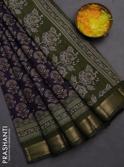 Semi maheshwari cotton saree dark blue and sap green with allover butta prints and zari woven border