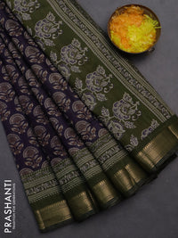 Semi maheshwari cotton saree dark blue and sap green with allover butta prints and zari woven border