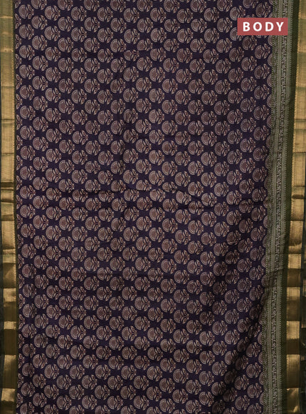 Semi maheshwari cotton saree dark blue and sap green with allover butta prints and zari woven border