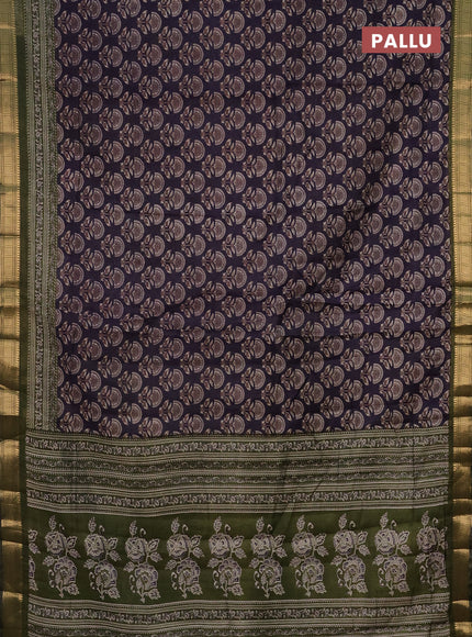 Semi maheshwari cotton saree dark blue and sap green with allover butta prints and zari woven border